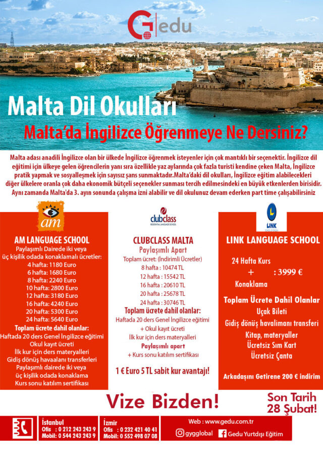 Malta İndirimli dil okulları, kampanyalı okullar, Fiyatları, Ücretleri